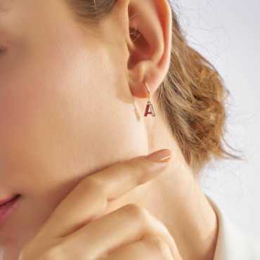 A Harf Bordo Mineli ve Pırlanta Taşlı Tek C Küpe - Nev Jewellery (1)