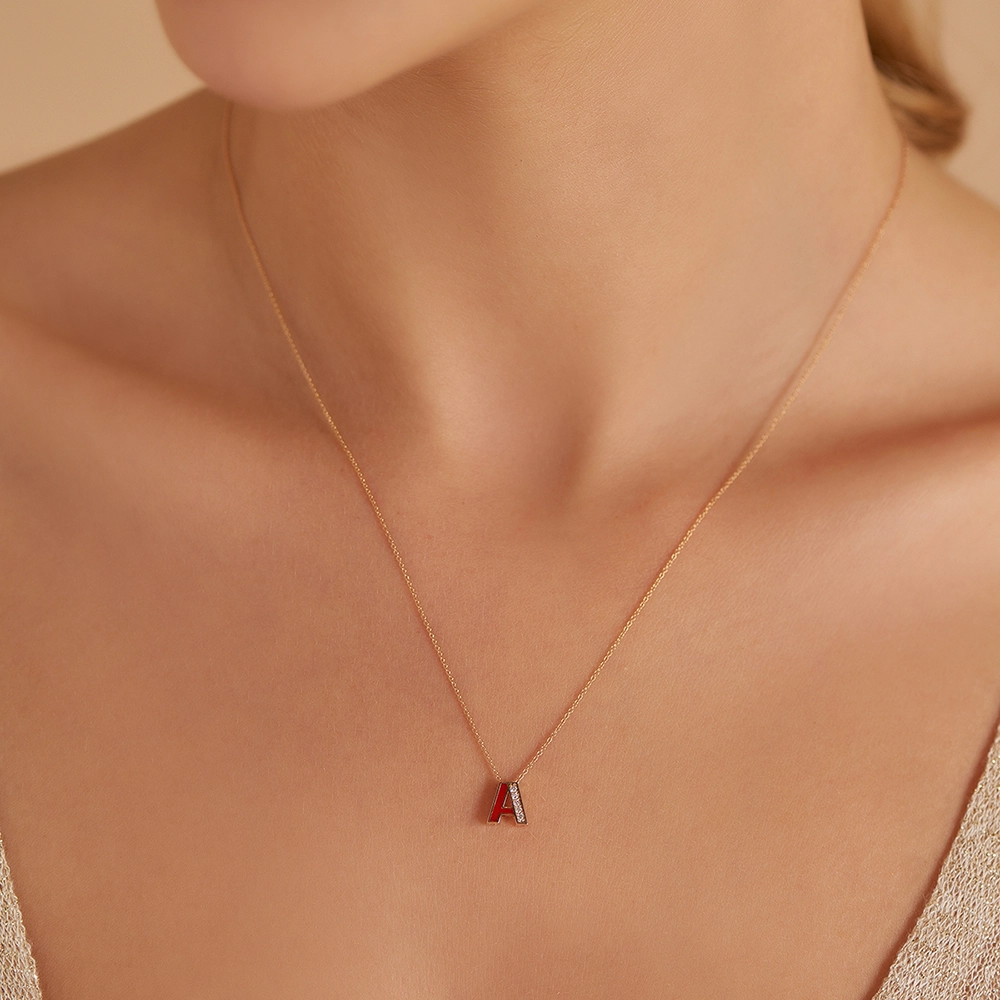 A Harfi Pırlanta Taşlı ve Kırmızı Mineli Rose Altın Kolye - 2