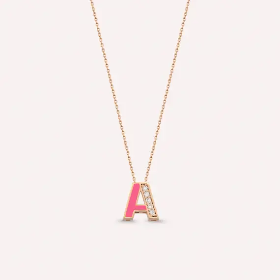 A Letter Diamond and Pink Enamel Rose Gold Pendant - 1