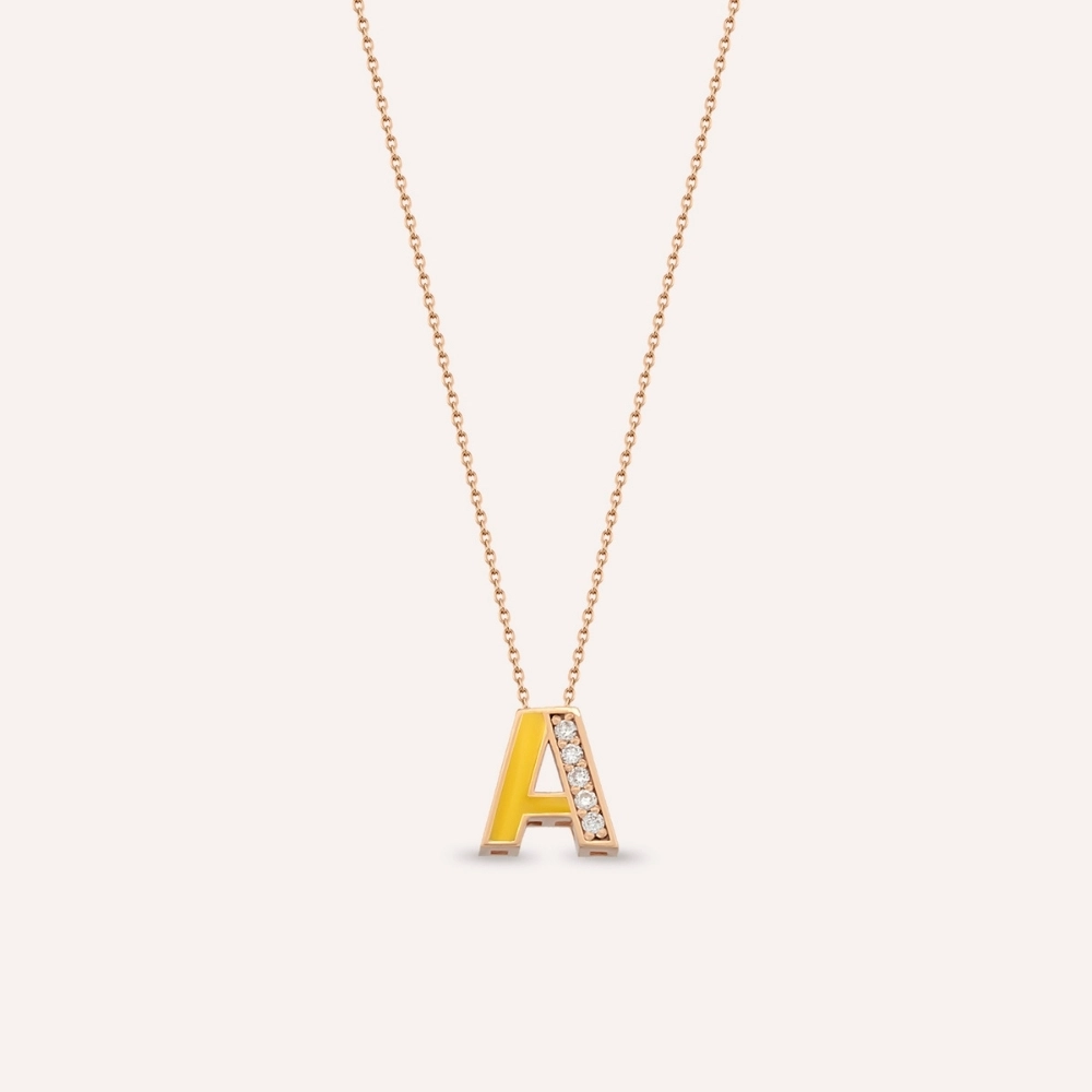 A Letter Diamond and Yellow Enamel Rose Gold Pendant - 1