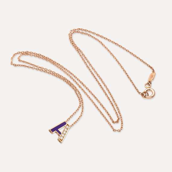 A Letter Diamond and Purple Enamel Purple Enamel Rose Gold Pendant - 2