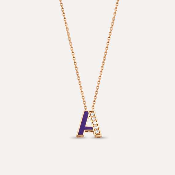 A Letter Diamond and Purple Enamel Purple Enamel Rose Gold Pendant - 1