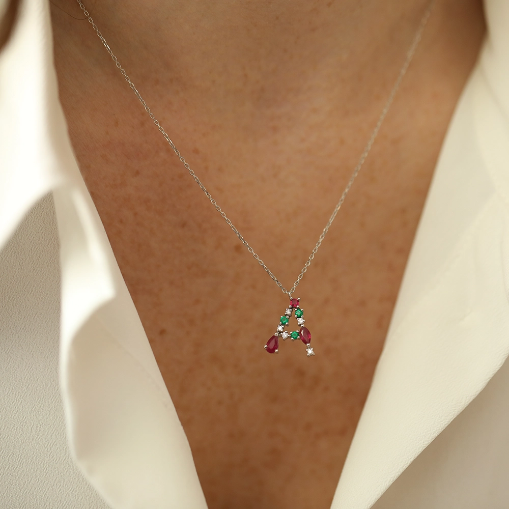 A Letter Ruby, Emerald and Diamond White Gold Necklace - 2