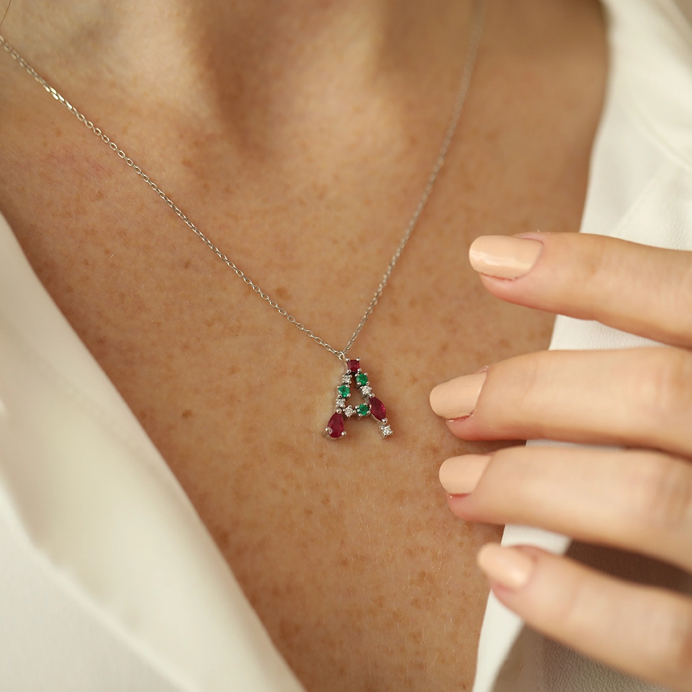 A Letter Ruby, Emerald and Diamond White Gold Necklace - 4