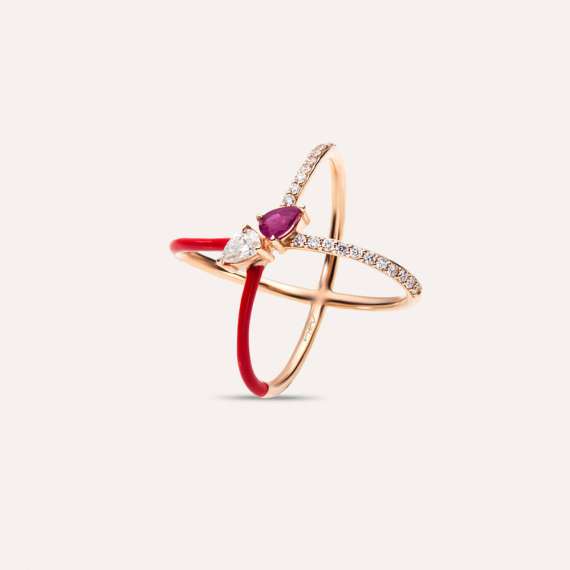 Akis 0.75 CT Diamond and Ruby Red Enamel Ring - 5