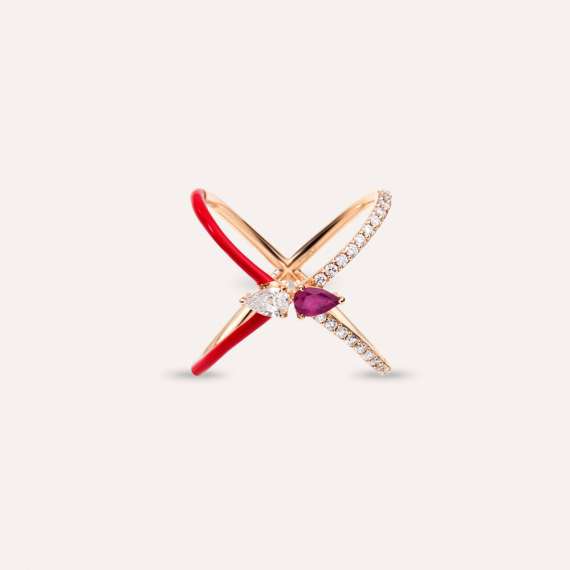 Akis 0.75 CT Diamond and Ruby Red Enamel Ring - 6