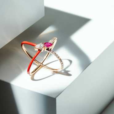 Akis 0.75 CT Diamond and Ruby Red Enamel Ring - Nev Jewellery