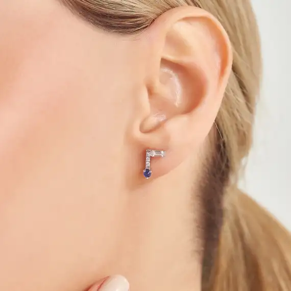 Angle Sapphire and Diamond White Gold Single Earring - 2