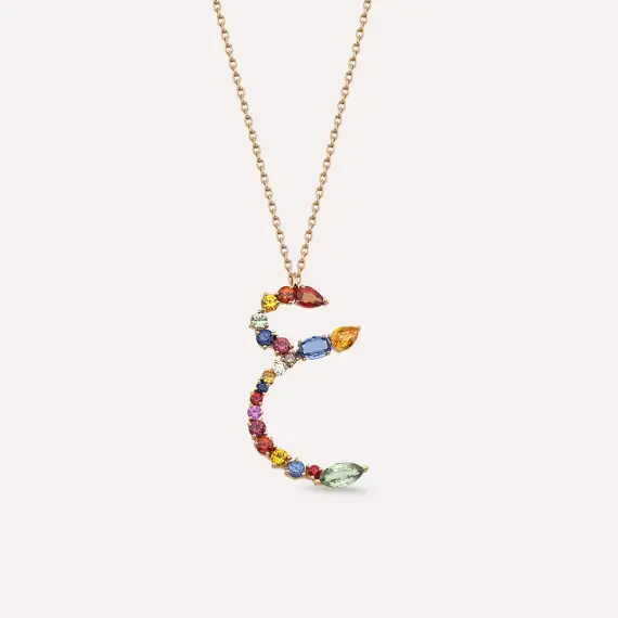 ع Ayn Letter 1.52 CT Diamond and Multicolor Sapphire Rose Gold Necklace - 1