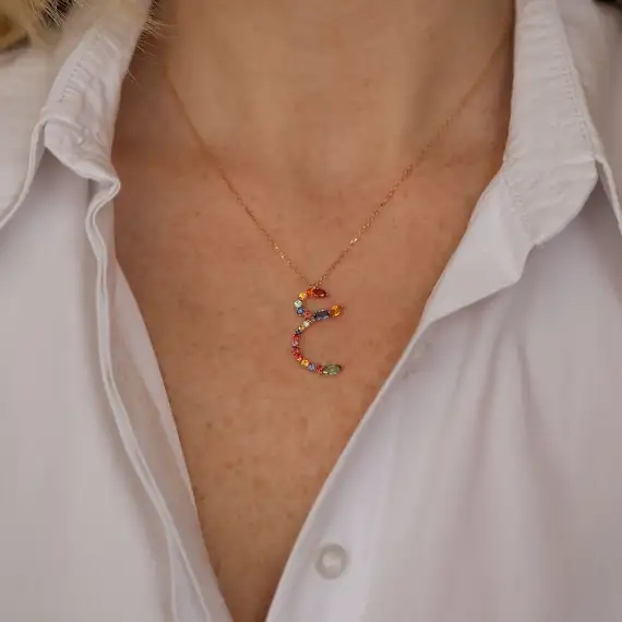 ع Ayn Letter 1.52 CT Diamond and Multicolor Sapphire Rose Gold Necklace - 2