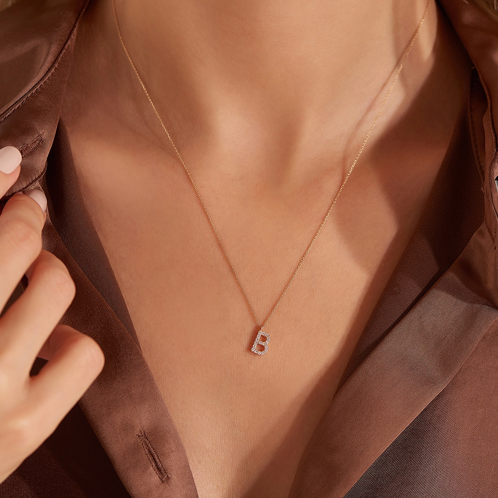 B Harf 0.09 CT Pırlanta Taşlı Rose Altın Kolye - 3