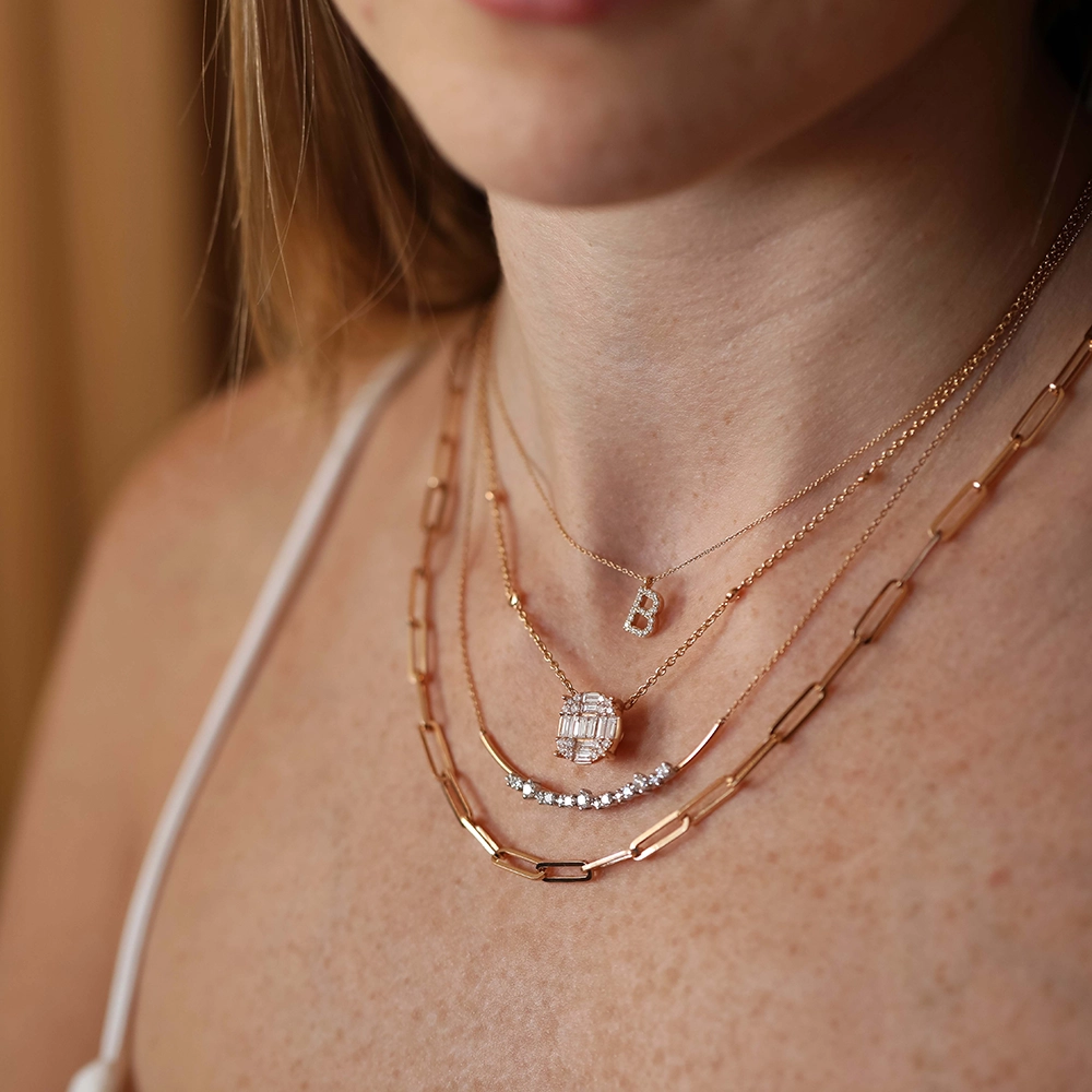 B Harf 0.09 CT Pırlanta Taşlı Rose Altın Kolye - Nev Jewellery (1)
