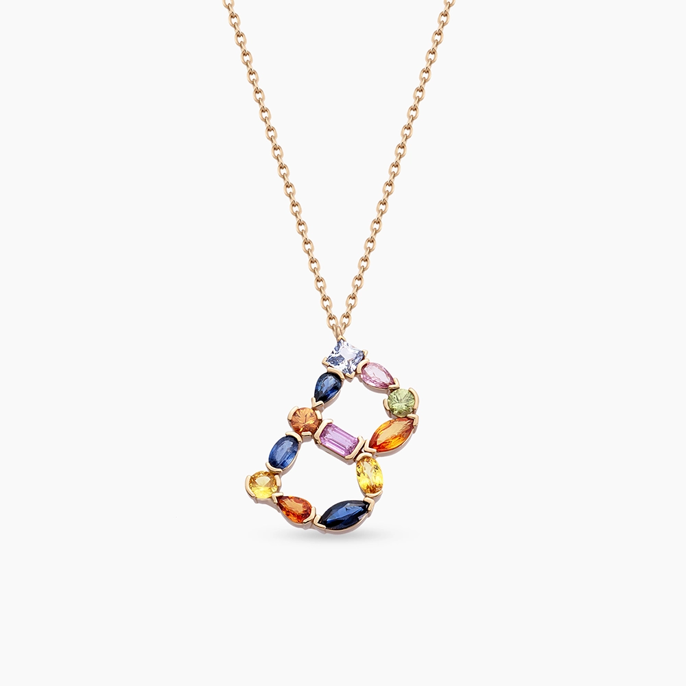 B Harf Multicolor Safir Taşlı Rose Altın Kolye - 2