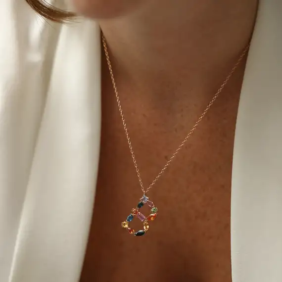 B Harf Multicolor Safir Taşlı Rose Altın Kolye - 6