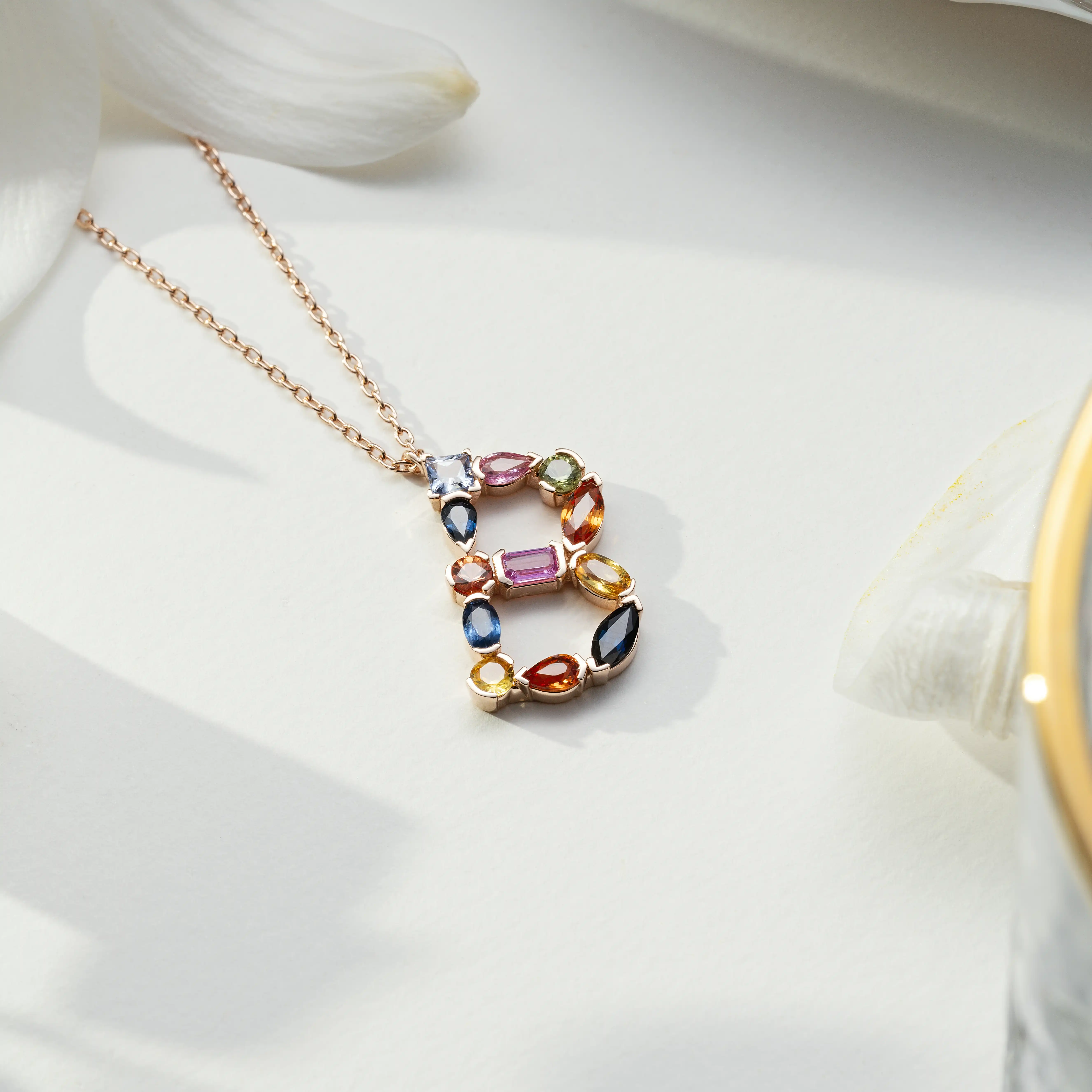B Harf Multicolor Safir Taşlı Rose Altın Kolye - 1