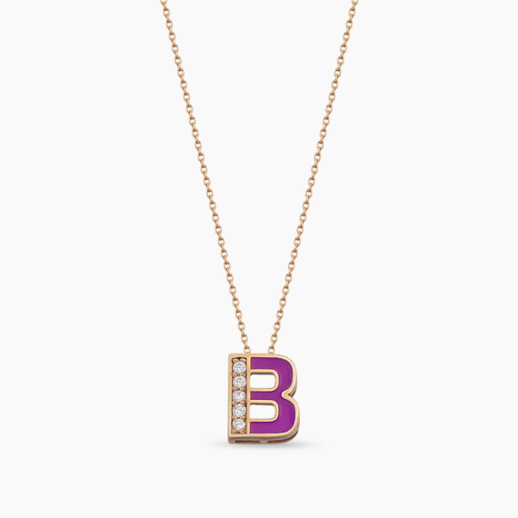 B Harfi Pırlanta Taşlı ve Fuşya Mineli Rose Altın Kolye - Nev Jewellery
