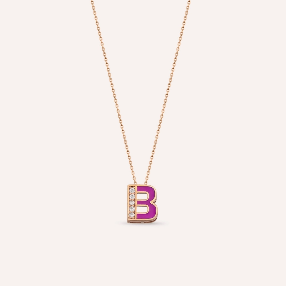 B Letter Diamond and Fushia Enamel Rose Gold Pendant - 1