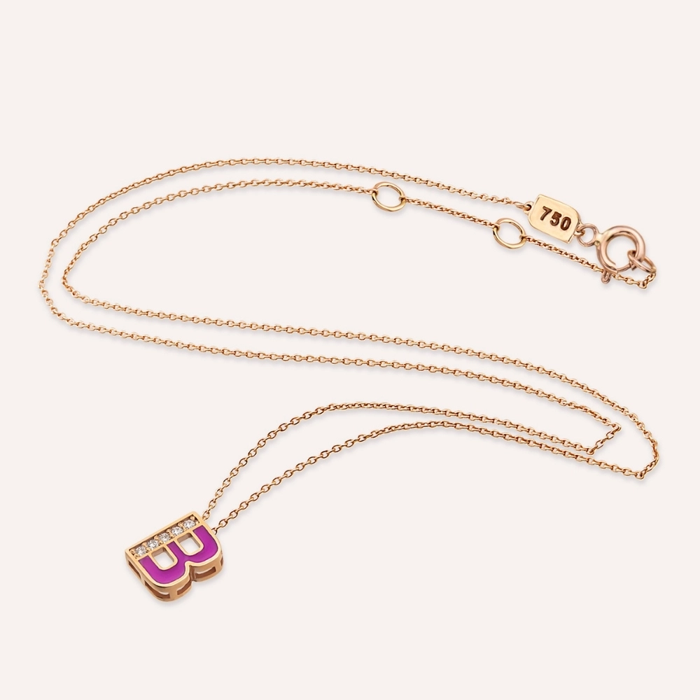 B Letter Diamond and Fushia Enamel Rose Gold Pendant - 3