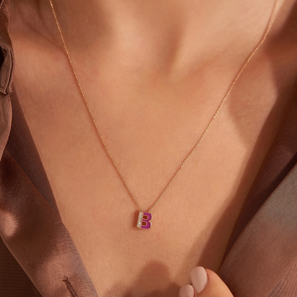 B Letter Diamond and Fushia Enamel Rose Gold Pendant - 2