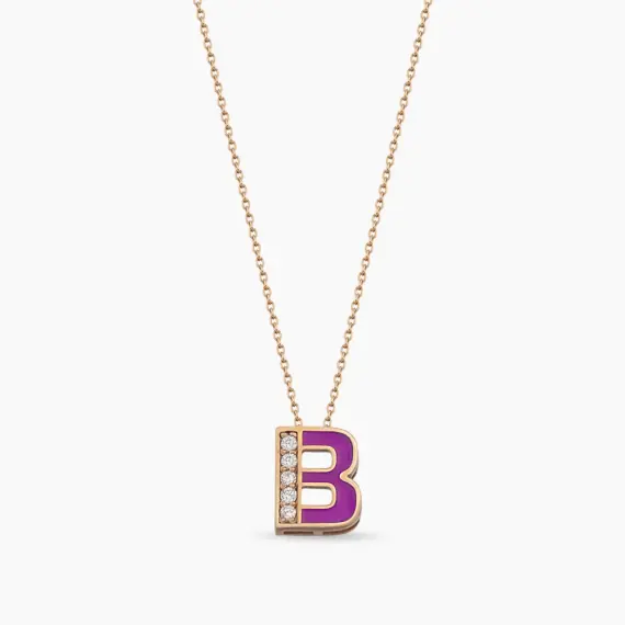 B Letter Diamond and Fushia Enamel Rose Gold Pendant - 1
