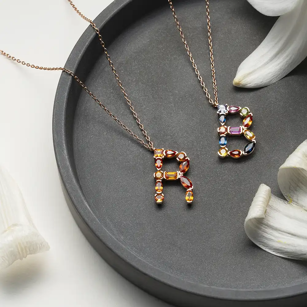 B Letter Multicolor Sapphire Rose Gold Necklace - 5