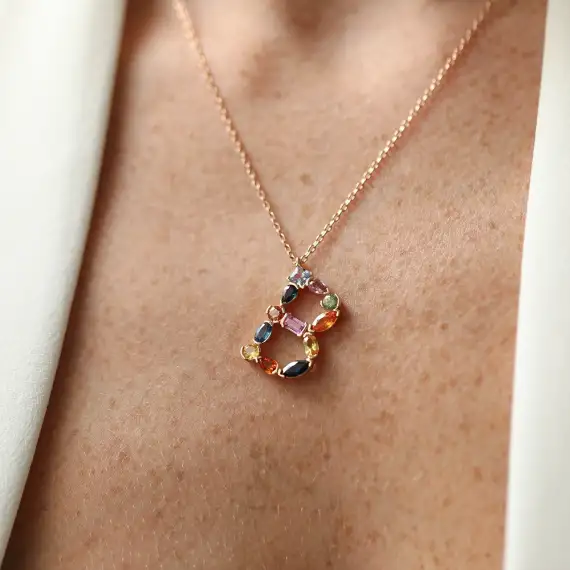 B Letter Multicolor Sapphire Rose Gold Necklace - 3
