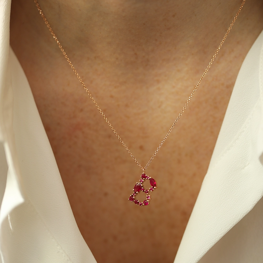 B Letter Ruby Rose Gold Necklace - 3