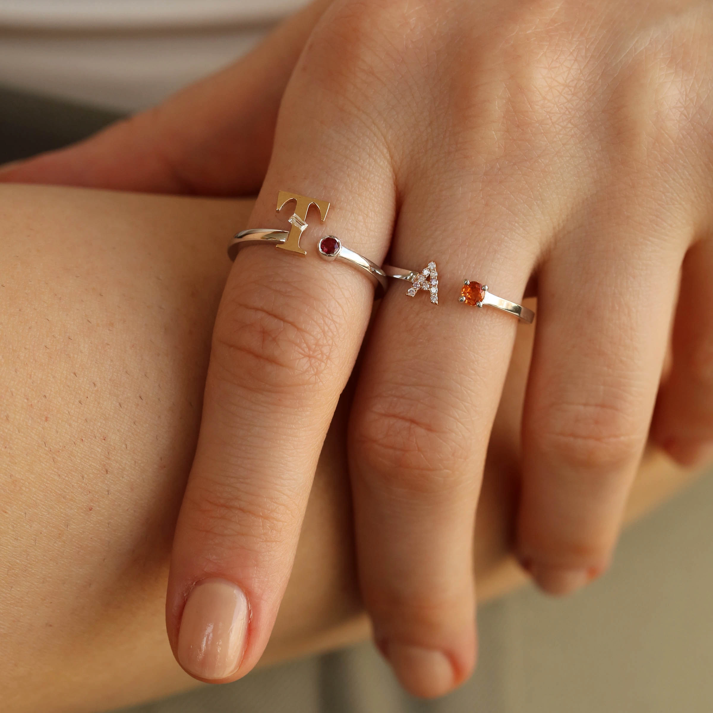 Baguette Cut Diamond and Red Sapphire T Letter Ring - 3