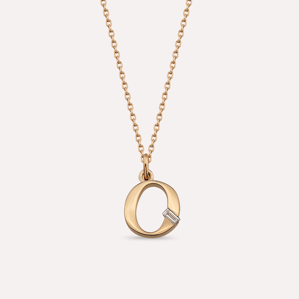 Baguette Cut Diamond Rose Gold O Letter Necklace - 1