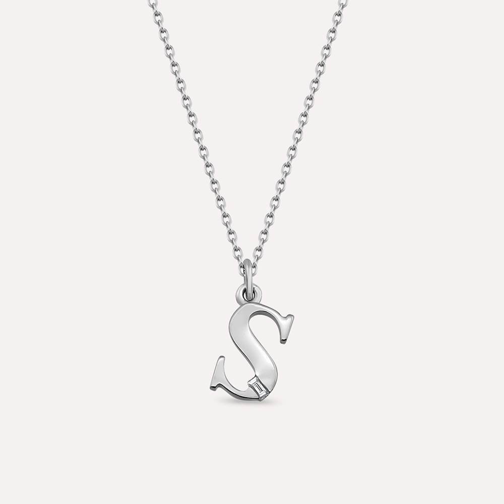 Baguette Cut Diamond White Gold S Letter Necklace - 1