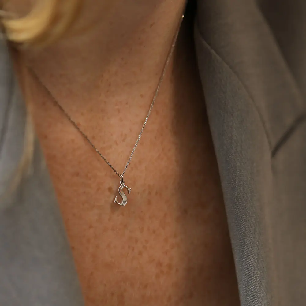 Baguette Cut Diamond White Gold S Letter Necklace - Nev Jewellery (1)