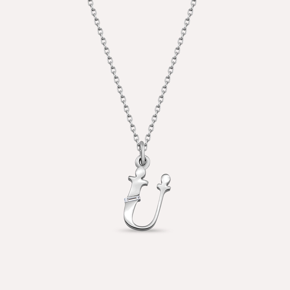 Baguette Cut Diamond White Gold Ü Letter Necklace - 1