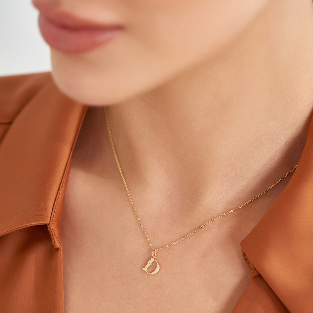 Baguette Cut Diamond Yellow Gold D Letter Necklace - Nev Jewellery (1)