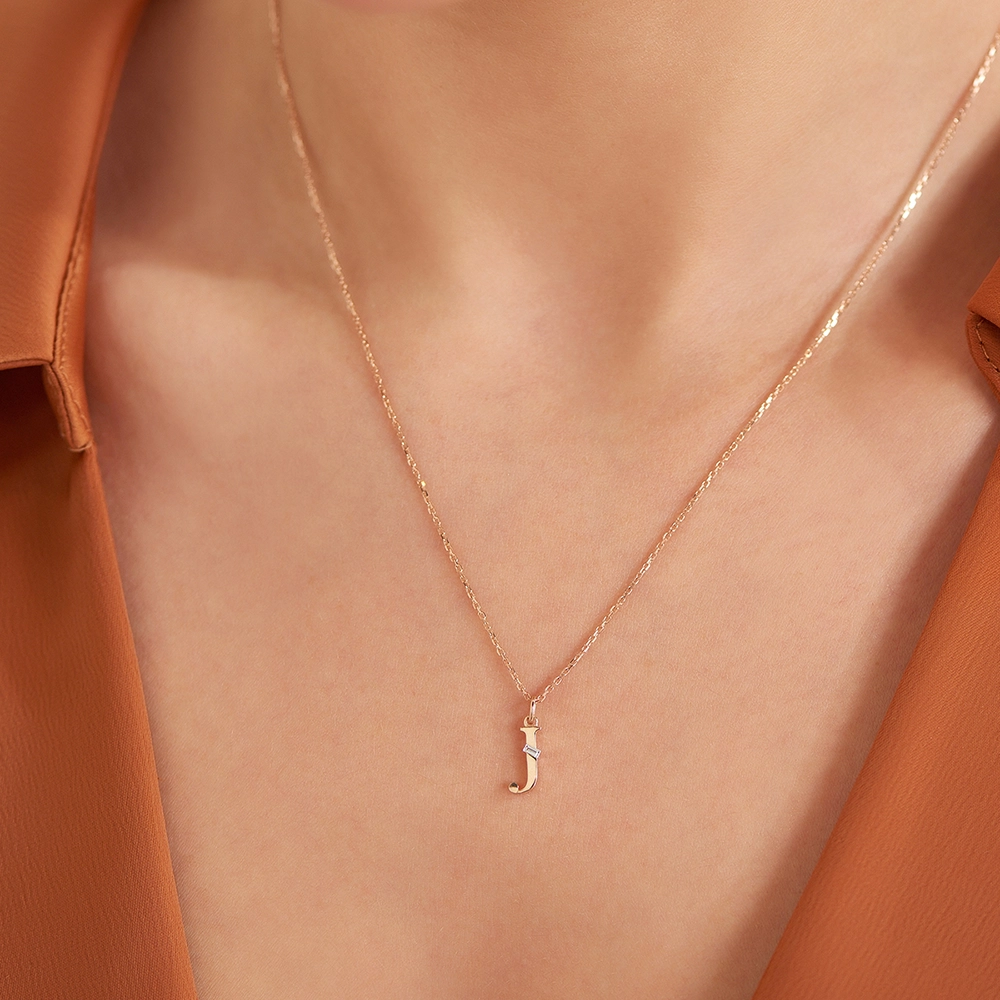 Baguette Cut Diamond Rose Gold J Letter Necklace - Nev Jewellery (1)