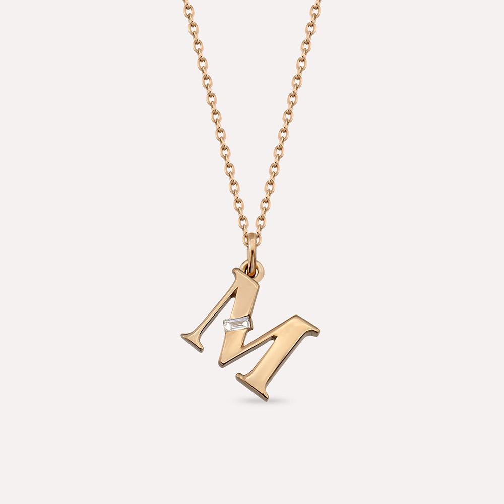 Baguette Cut Diamond Rose Gold M Letter Necklace - 1