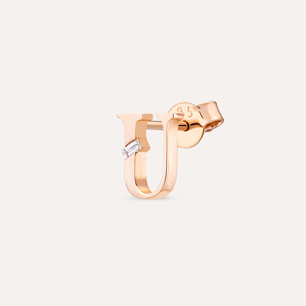 Baguette Cut Diamond Rose Gold U Letter Single Earring - 1