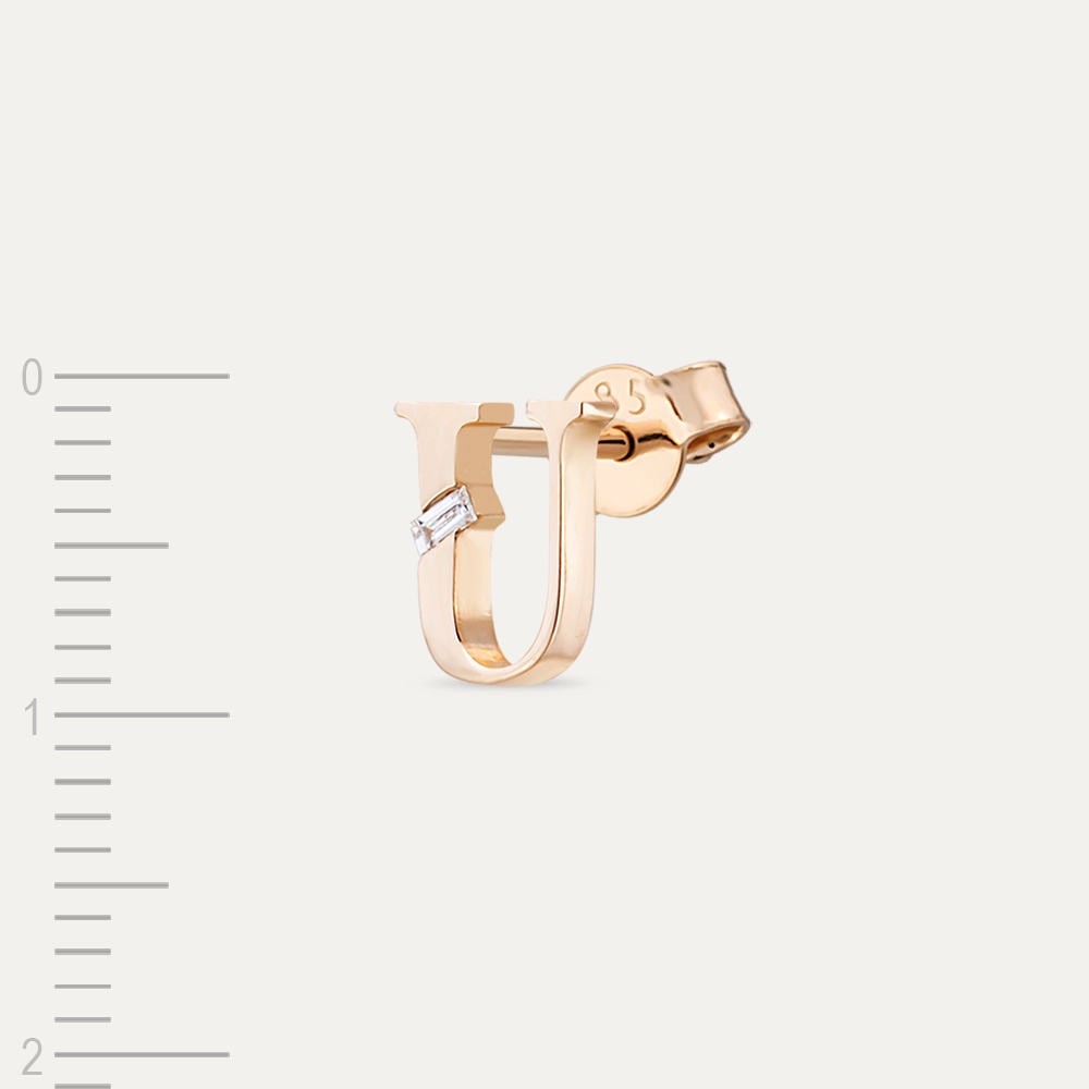 Baguette Cut Diamond Rose Gold U Letter Single Earring - 3