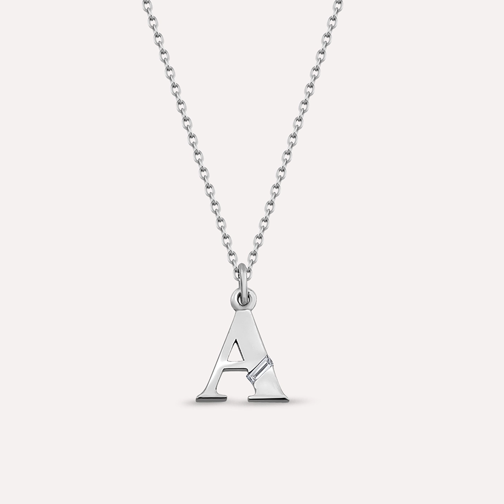 Baguette Cut Diamond White Gold A Letter Necklace - 1