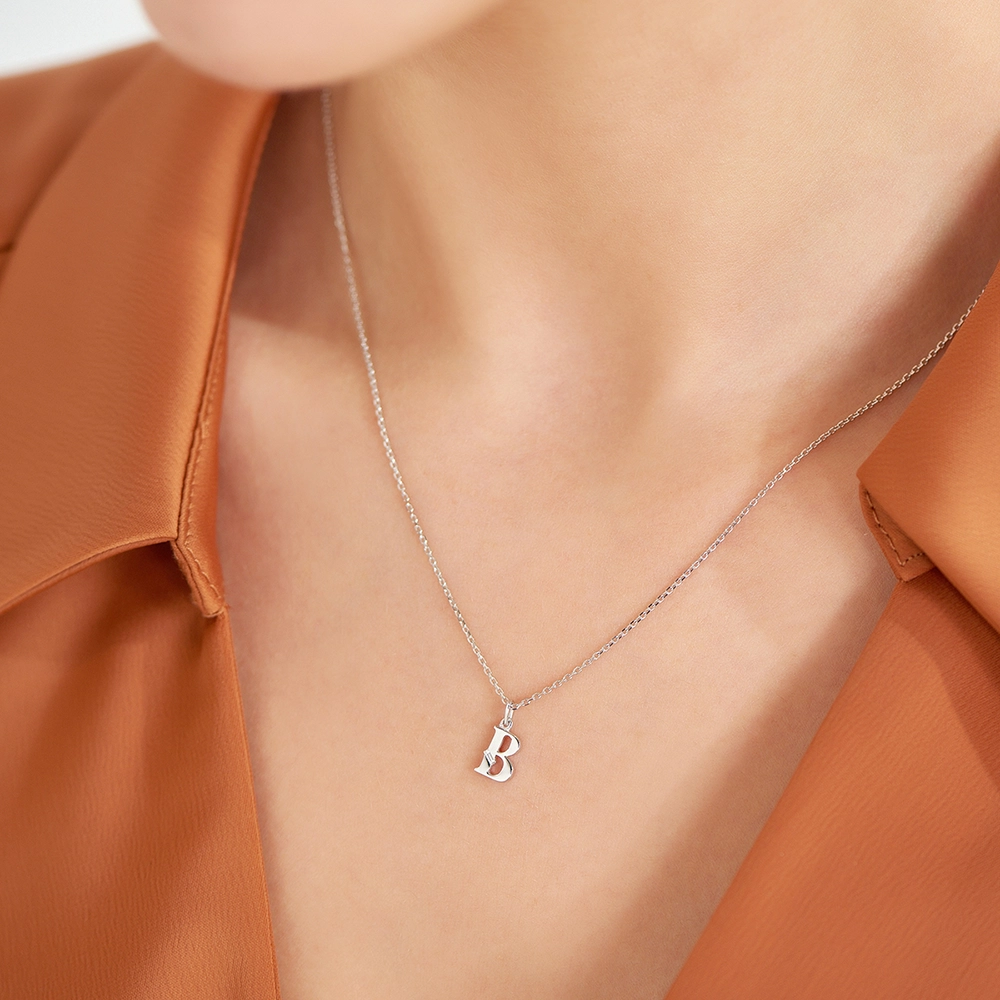 Baguette Cut Diamond White Gold B Letter Necklace - Nev Jewellery (1)