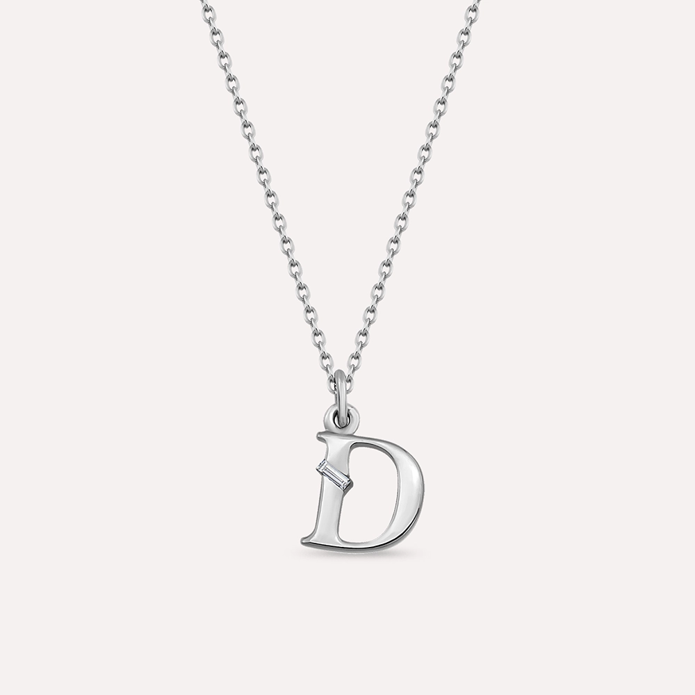 Baguette Cut Diamond White Gold D Letter Necklace - 1