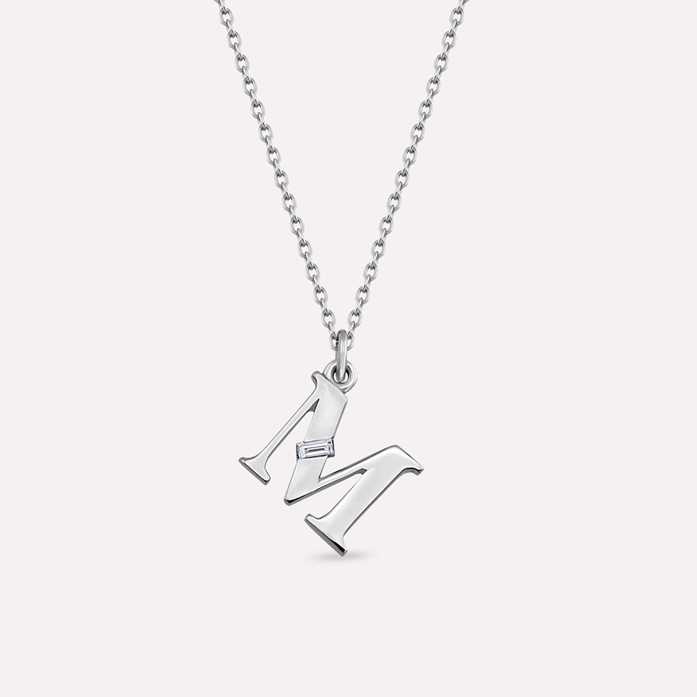 Baguette Cut Diamond White Gold M Letter Necklace - 1