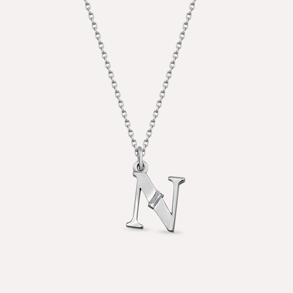 Baguette Cut Diamond White Gold N Letter Necklace - 1