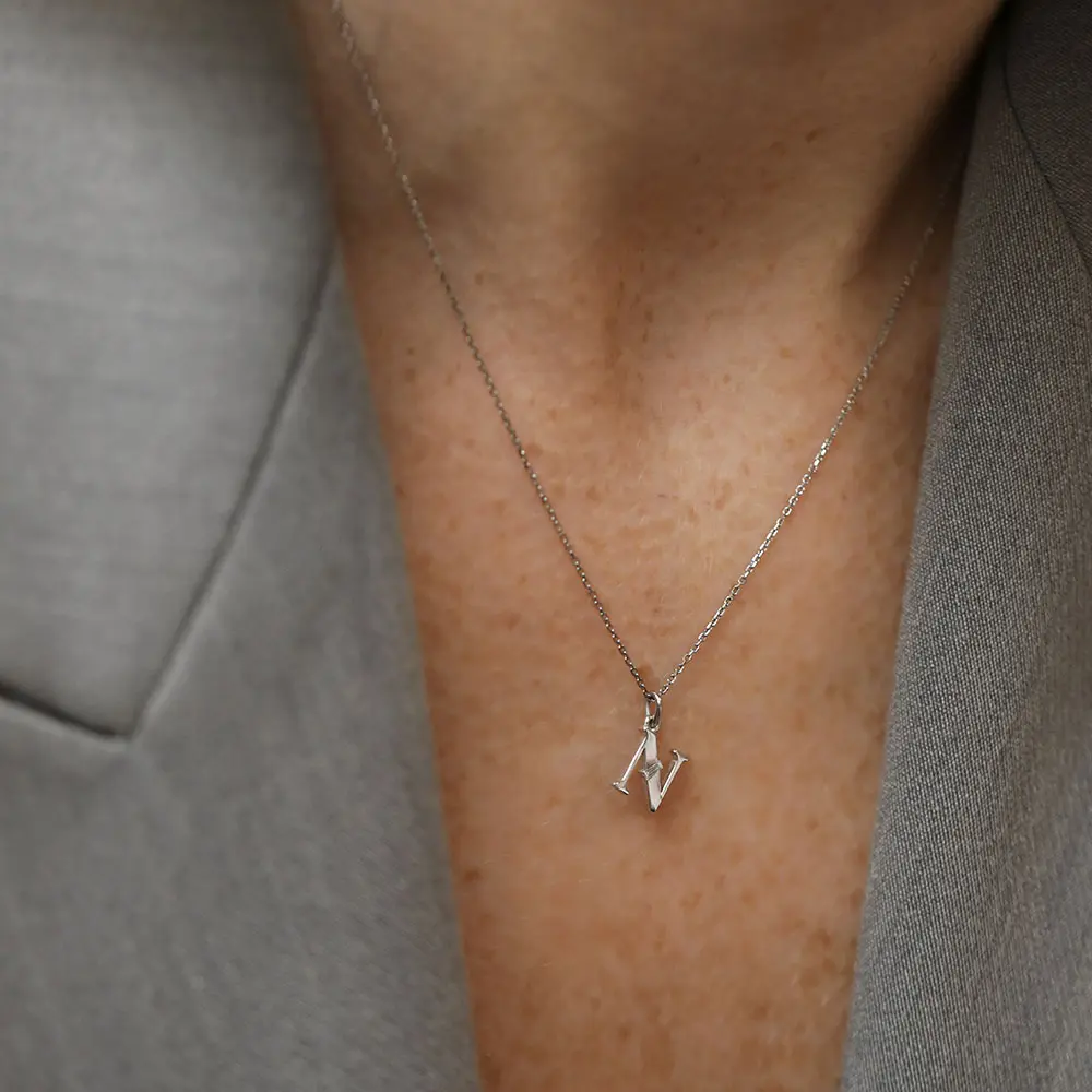 Baguette Cut Diamond White Gold N Letter Necklace - Nev Jewellery (1)