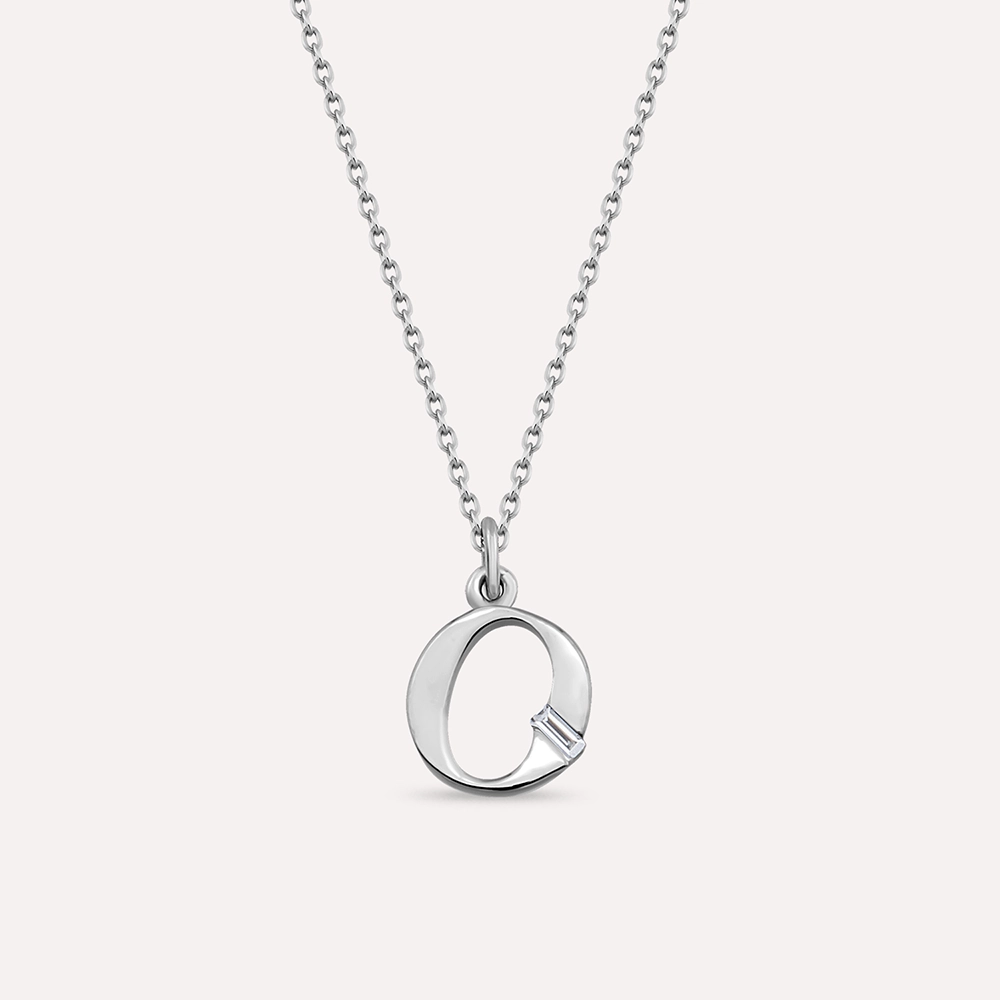 Baguette Cut Diamond White Gold O Letter Necklace - 1