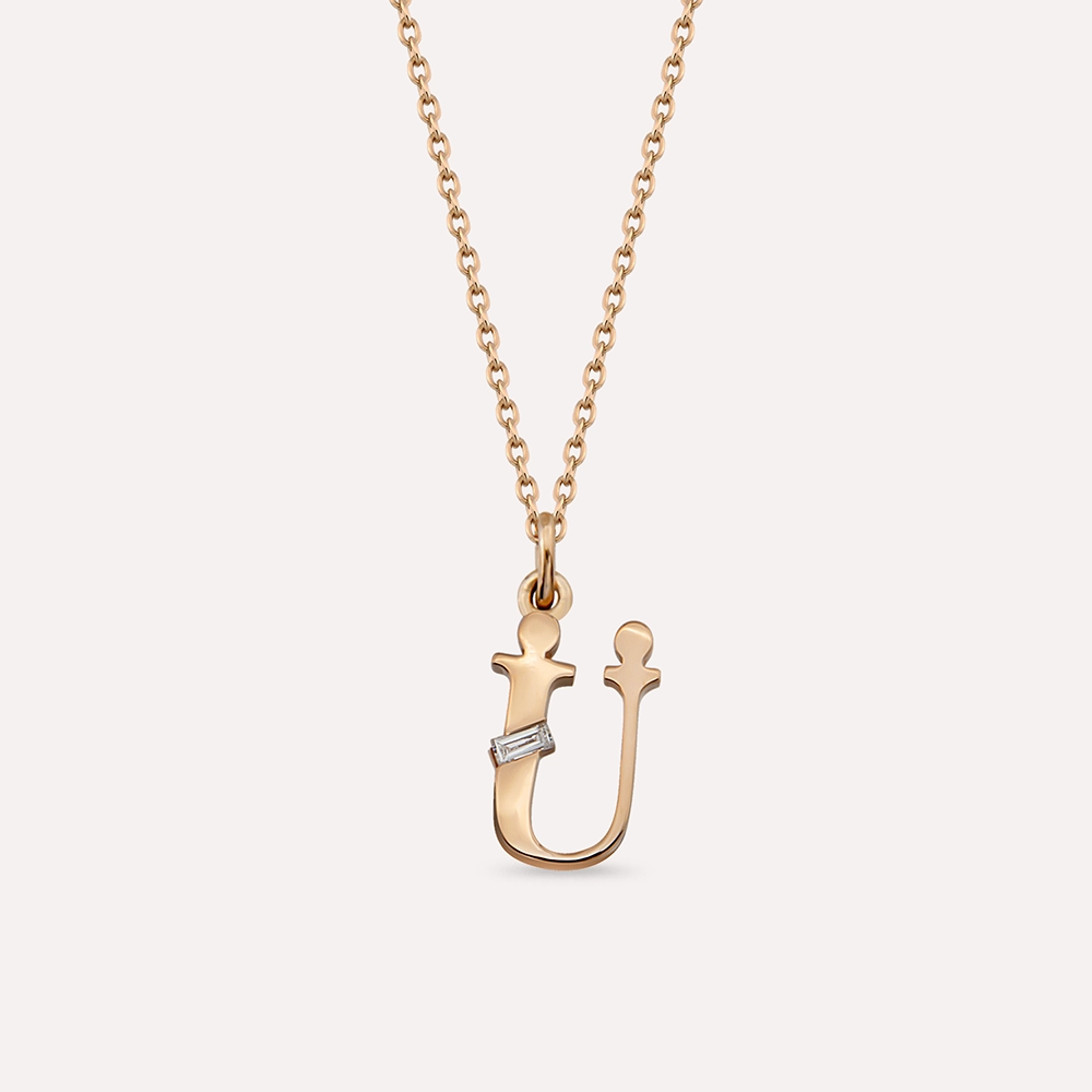 Baguette Cut Diamond Rose Gold Ü Letter Necklace - 1