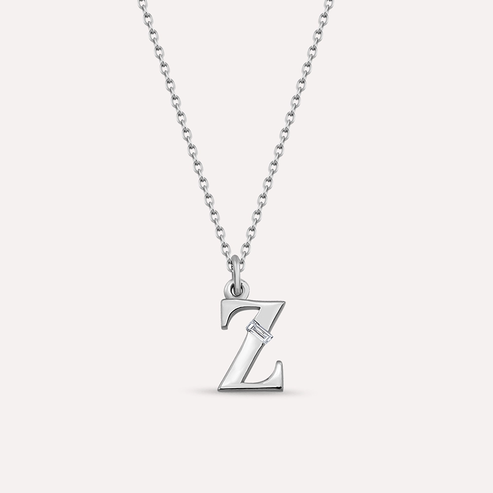 Baguette Cut Diamond White Gold Z Letter Necklace - 1