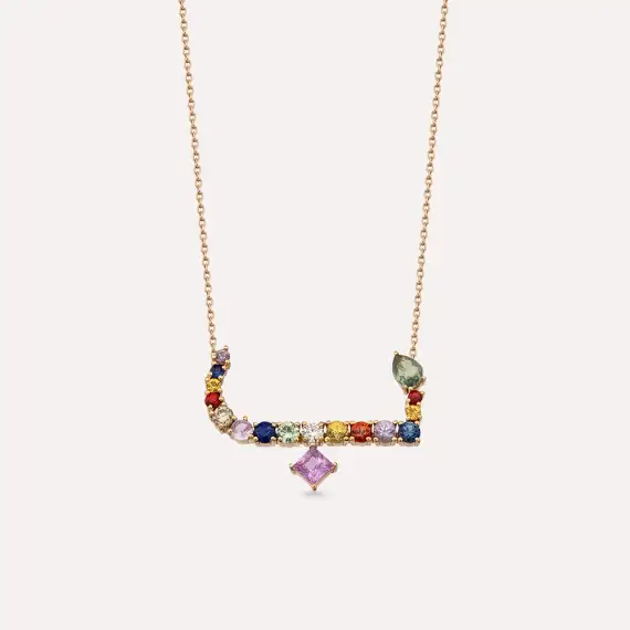 ب Be Letter 1.03 CT Diamond and Multicolor Sapphire Rose Gold Necklace - 1