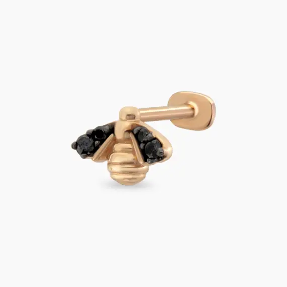 Bee Siyah Pırlanta Taşlı Rose Altın Piercing - 1