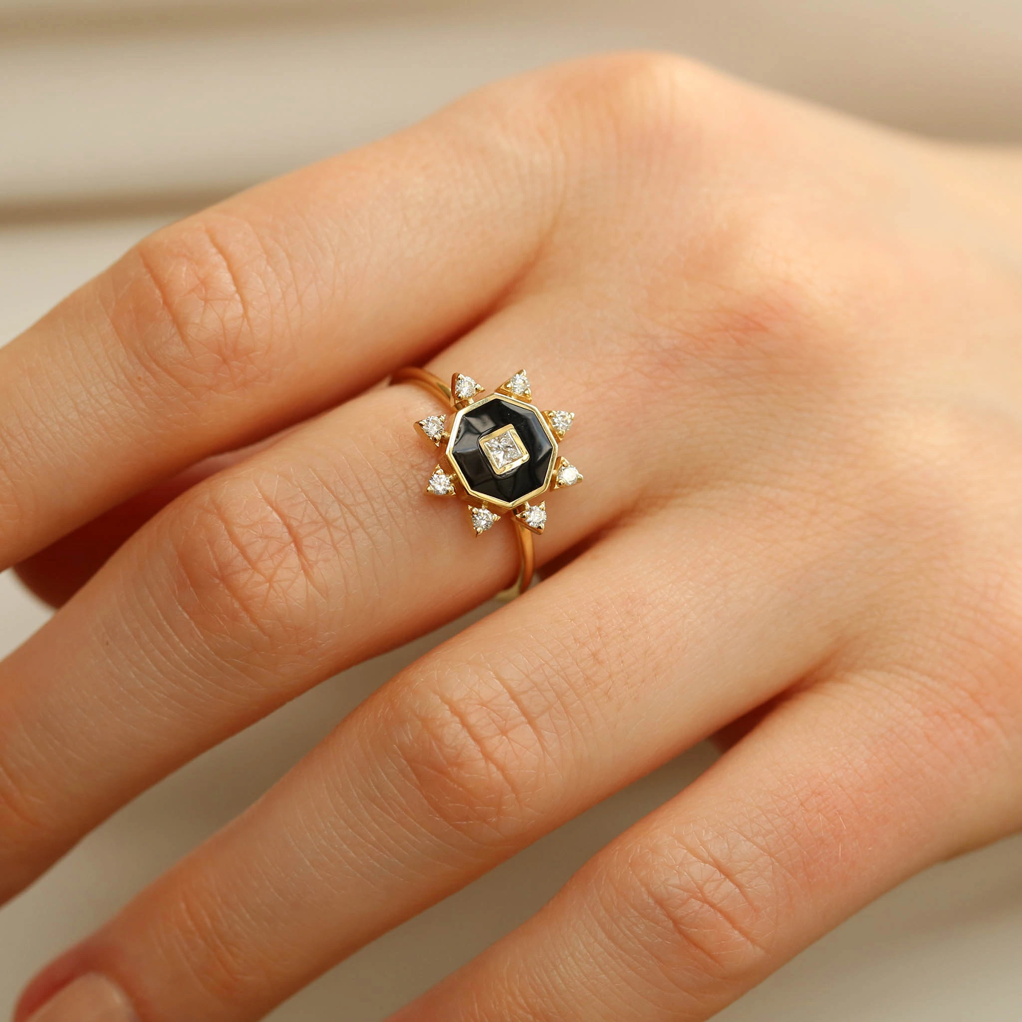 Bellatrix Diamond and Black Enamel Yellow Gold Ring - Nev Jewellery (1)