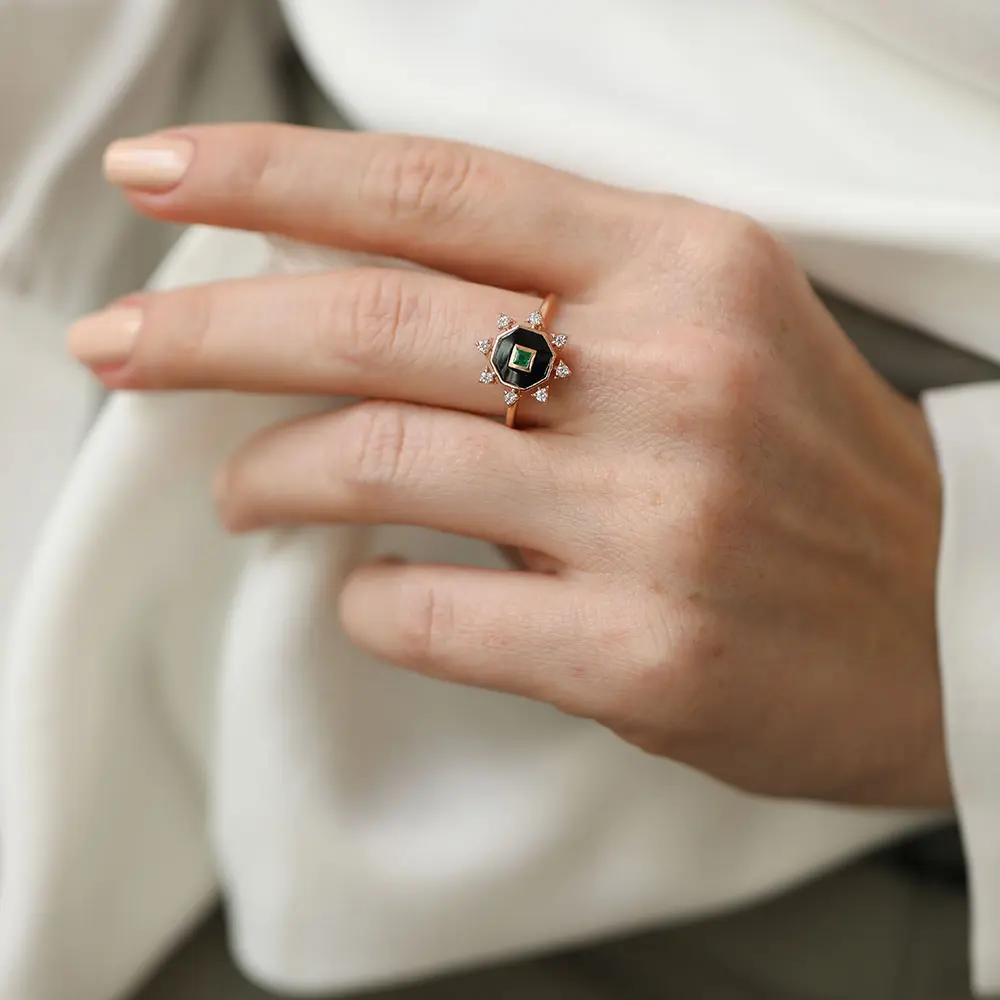 Bellatrix Emerald and Diamond Black Enamel Ring - 2